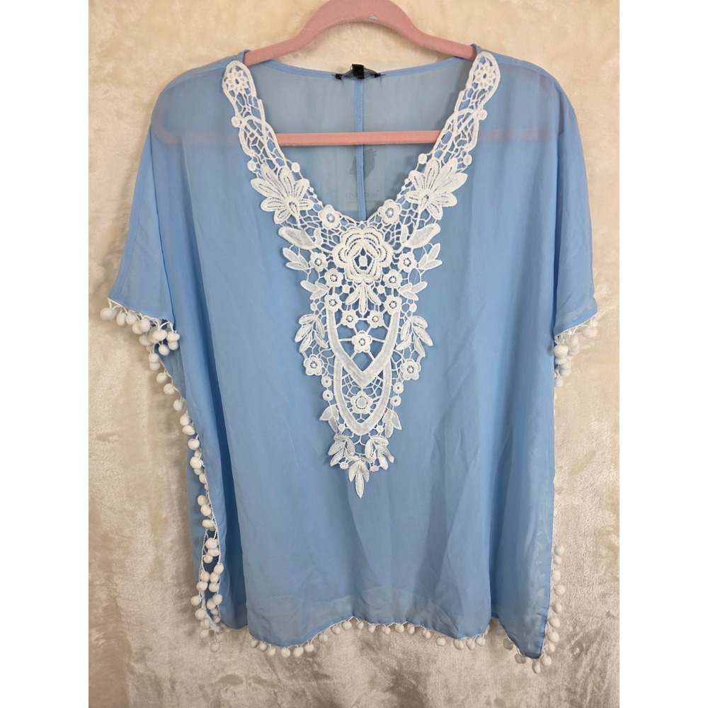 CPOKRTWSO Blue‎ Chiffon Swim Cover Up Lace V-Neck Pom Pom Trim Kaftan S/M NEW